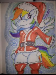 Size: 336x448 | Tagged: safe, artist:yukinzu, derpibooru import, rainbow dash, pegasus, pony, christmas, clothes, holiday, santa costume, solo, traditional art