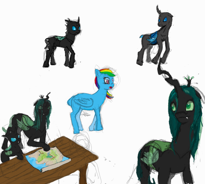 Size: 908x814 | Tagged: safe, artist:ponescribbles, derpibooru import, queen chrysalis, rainbow dash, changeling, sketch dump