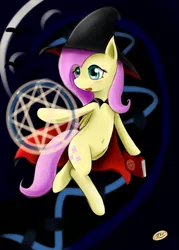 Size: 1000x1400 | Tagged: safe, artist:sticky-plaster, derpibooru import, fluttershy, semi-anthro, dark magic, hat, magic, magic circle, solo, witch hat