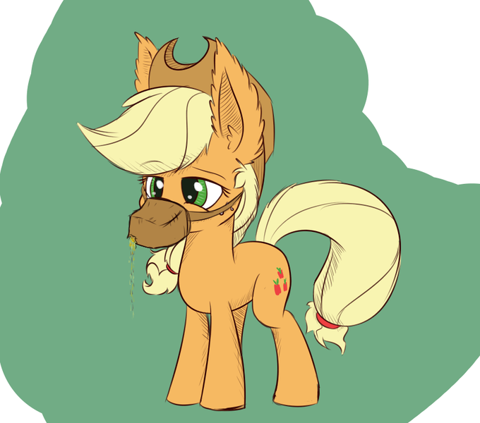 Size: 850x750 | Tagged: safe, artist:heir-of-rick, derpibooru import, applejack, earth pony, pony, daily apple pony, applejack's hat, big ears, cowboy hat, eating, feed bag, hat, horses doing horse things, impossibly large ears, solo, tumblr