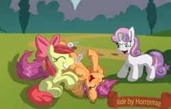 Size: 1725x1099 | Tagged: safe, artist:horrormage, derpibooru import, apple bloom, scootaloo, sweetie belle, earth pony, pegasus, pony, unicorn, belly button, blushing, cheering up, cutie mark crusaders, eyes closed, feather, female, filly, grin, levitation, magic, navel play, on back, open mouth, scootalove, sitting, smiling, spread wings, sweetie belle's magic brings a great big smile, telekinesis, tickling, underhoof