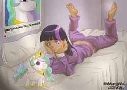 Size: 800x565 | Tagged: artist:muramasa, barefoot, bed, bedroom, blushing, clothes, derpibooru import, feet, human, humanized, implied lesbian, implied shipping, implied twilestia, midriff, pajamas, plushie, poster, princess celestia, safe, twilight sparkle, url