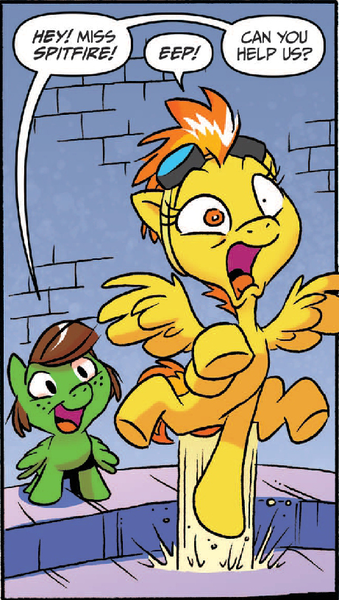 Size: 461x815 | Tagged: safe, artist:jay fosgitt, derpibooru import, idw, spitfire, pegasus, pony, friends forever, spoiler:comic, spoiler:comicff11, faic, goggles, jumping, peanuts, pedophobia, peppermint patty, startled