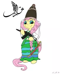 Size: 1583x1950 | Tagged: aks-74u, arabic, artist:almar, assault rifle, braid, calligraphy, clothes, derpibooru import, dress, fluttershy, gun, hat, islam, islamashy el fatih, religion, russia, russian, safe, semi-anthro, solo, sword, tatar, tatarstan, turkic, weapon