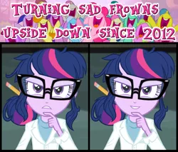 Size: 1000x850 | Tagged: safe, artist:aroddo, derpibooru import, edit, edited screencap, screencap, sci-twi, twilight sparkle, a friend in deed, equestria girls, rainbow rocks, evil grin, frown upside down, inverted mouth, scientist, smile song