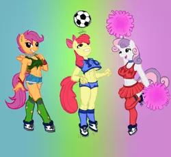 Size: 2562x2356 | Tagged: abs, anthro, apple bloom, armpits, artist:poprocks, belly button, breasts, busty apple bloom, busty cmc, busty scootaloo, busty sweetie belle, cheerleader, cleavage, clothes, cutie mark crusaders, derpibooru import, female, football, midriff, older, scootaloo, shorts, skirt, suggestive, sweetie belle, underboob, unguligrade anthro