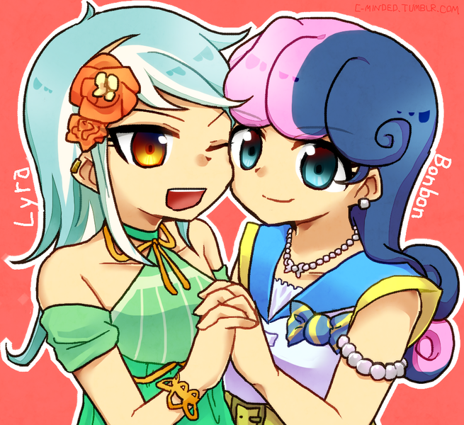 Size: 991x908 | Tagged: safe, artist:c-minded, derpibooru import, bon bon, lyra heartstrings, sweetie drops, equestria girls, female, holding hands, human coloration, lesbian, lyrabon, shipping