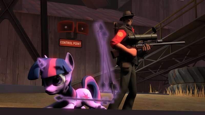 Size: 900x506 | Tagged: 3d, crossover, derpibooru import, gmod, gun, magic, rifle, safe, sniper, team fortress 2, twilight sparkle, weapon