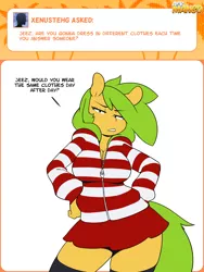 Size: 1200x1600 | Tagged: anthro, artist:3mangos, ask mango, clothes, derpibooru import, oc, oc:mango, safe, skirt, sweater, unofficial characters only, zipper