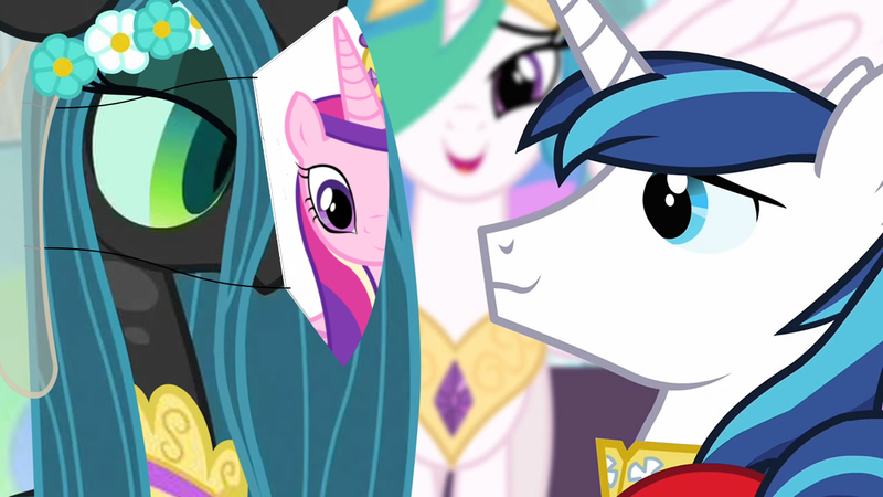 Size: 1280x720 | Tagged: a canterlot wedding, alternate ending, artist:dtkraus, bad end, bedroom eyes, changeling, derpibooru import, disguise, disguised changeling, edit, edited edit, edited screencap, eye contact, fake cadance, female, impossibly wide description, male, mask, now you fucked up, paper-thin disguise, princess cadance, princess celestia, queen chrysalis, role reversal, safe, screencap, seems legit, shining armor, shining armor is a goddamn moron, shining chrysalis, shipping, smiling, spy, straight, stupidity, team fortress 2, wallpaper, wedding