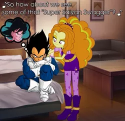 Size: 1221x1181 | Tagged: suggestive, derpibooru import, adagio dazzle, equestria girls, rainbow rocks, adageta, bed, crossover, crossover shipping, distracted, dragon ball, dragon ball z, dragonball z abridged, eyes on the prize, kakarot, photoshop, size difference, son goku, vegeta