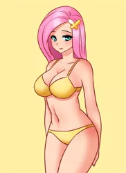 Size: 518x710 | Tagged: artist:racoonsan, belly button, big breasts, bra, breasts, busty fluttershy, cleavage, clothes, dead source, derpibooru import, dressup game, female, fluttershy, human, humanized, midriff, panties, sleeveless, smiling, solo, solo female, suggestive, underwear