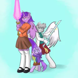 Size: 6000x6000 | Tagged: absurd resolution, alicorn, alicorn oc, anthro, anthro oc, artist:kuda, clothes, derpibooru import, glasses, magical lesbian spawn, mary janes, oc, oc:aegis steadfast, oc:lightning rod, oc:stormy sky, offspring, parent:oc:aegis steadfast, parent:oc:stormy sky, parents:oc x oc, safe, simple background, skirt, unguligrade anthro, unofficial characters only, weapon