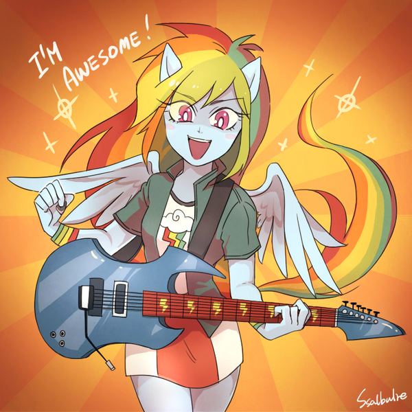 Size: 700x700 | Tagged: safe, artist:raichi, derpibooru import, rainbow dash, equestria girls, rainbow rocks, blushing, guitar, guitar pick, looking at you, open mouth, ponied up, solo, truth