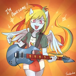Size: 700x700 | Tagged: safe, artist:raichi, derpibooru import, rainbow dash, equestria girls, rainbow rocks, blushing, guitar, guitar pick, looking at you, open mouth, ponied up, solo, truth