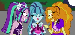 Size: 2428x1132 | Tagged: safe, artist:queentigrel, derpibooru import, adagio dazzle, aria blaze, sonata dusk, equestria girls, rainbow rocks, aftermath, angry, argument, clothes, moon, night, pointing, sleeveless, the dazzlings, tree