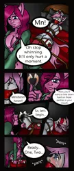 Size: 1119x2602 | Tagged: anthro, artist:tilly-monster, belly button, bondage, breasts, burn, burning, cleavage, clothes, comic, crying, feet, female, females only, fishnets, gag, garters, grimdark, lab coat, nurse outfit, nurse redheart, pain, pinkie pie, plantigrade anthro, red hot, rope, stockings, suggestive, tape, tape gag, tied down, toes, torture