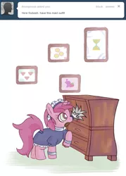 Size: 639x891 | Tagged: artist:haute-claire, ask, ask ruby pinch, clothes, derpibooru import, duster, dusting, female, filly, french maid, furniture, maid, ruby pinch, safe, solo, tumblr