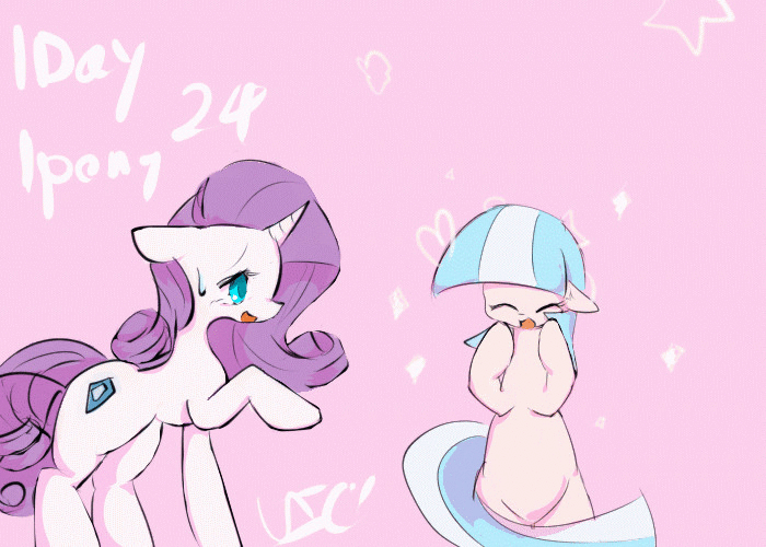Size: 700x500 | Tagged: safe, artist:qicop, derpibooru import, coco pommel, rarity, earth pony, pony, unicorn, alternate cutie mark, animated, blank flank, cocobetes, cute, female, mare, open mouth, pixiv, senpai noticed me, spinning, sweat