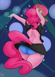 Size: 857x1200 | Tagged: anthro, artist:sanders, ass, breasts, clothes, derpibooru import, female, panties, pinkie pie, skirt, solo, solo female, suggestive, underwear, upskirt