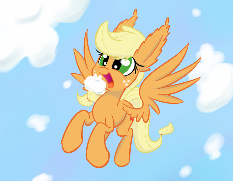 Size: 900x700 | Tagged: safe, artist:heir-of-rick, derpibooru import, applejack, pegasus, pony, daily apple pony, apple, cloud, cloudy, cute, flapplejack, flying, happy, impossibly large ears, open mouth, race swap, smiling, solo, spread wings, that pony sure does love apples, tumblr