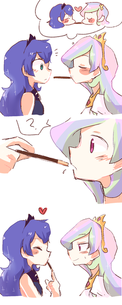 Size: 768x1920 | Tagged: artist:gyaheung, blushing, denied, derpibooru import, female, human, humanized, implied princest, incest, lesbian, pocky, pocky game, pocky kiss, princess celestia, princess luna, princest, safe, shipping, shipping denied