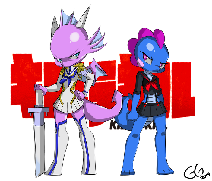 Size: 3727x3181 | Tagged: artist:ironnails, cosplay, derpibooru import, dragon, kill la kill, oc, oc:saga the dragon, oc:sugar crisp, old version, safe, sword, unofficial characters only, wings