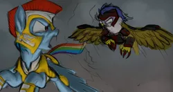 Size: 1500x800 | Tagged: safe, artist:erudier, derpibooru import, gilda, rainbow dash, gryphon, pegasus, pony, angry, armor, crying, fight, herbivore vs carnivore, incomplete, predator vs prey, war, wip