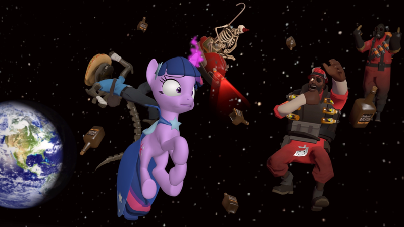 Size: 1366x768 | Tagged: 3d, alien, artist:fezwearingdoctor, bumper cars, clothes, demoman, derpibooru import, dress, drunk, gala dress, gmod, pyro, safe, skeleton, space, team fortress 2, twilight sparkle, wat