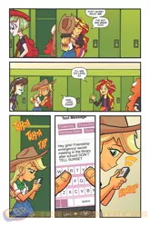 Size: 900x1366 | Tagged: safe, artist:tonyfleecs, derpibooru import, idw, applejack, drama letter, golden hazel, sunset shimmer, watermelody, equestria girls, spoiler:comic, spoiler:comicholiday2014, background human, hug, idw advertisement, mobile phone, phone, preview, texting