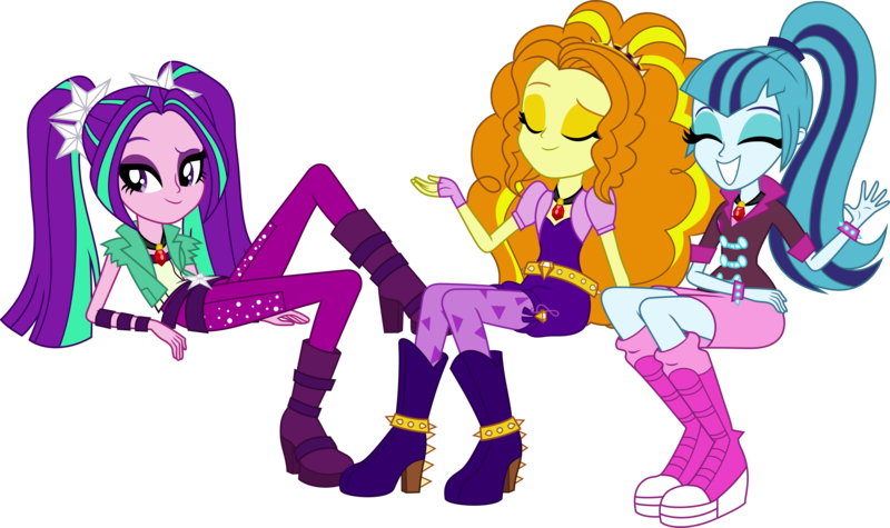 Size: 5181x3078 | Tagged: safe, artist:givralix, derpibooru import, adagio dazzle, aria blaze, sonata dusk, equestria girls, rainbow rocks, absurd resolution, amulet, boots, clothes, eyes closed, group, happy, high heel boots, necklace, simple background, skirt, smiling, spikes, svg, the dazzlings, transparent background, trio, vector, waving