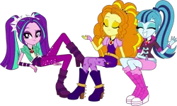 Size: 5181x3078 | Tagged: safe, artist:givralix, derpibooru import, adagio dazzle, aria blaze, sonata dusk, equestria girls, rainbow rocks, absurd resolution, amulet, boots, clothes, eyes closed, group, happy, high heel boots, necklace, simple background, skirt, smiling, spikes, svg, the dazzlings, transparent background, trio, vector, waving