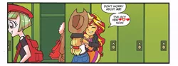 Size: 867x323 | Tagged: safe, artist:tonyfleecs, derpibooru import, edit, idw, applejack, drama letter, sunset shimmer, watermelody, equestria girls, spoiler:comic, spoiler:comicholiday2014, appleshimmer, background human, cropped, female, heart, hug, lesbian, preview, shipping