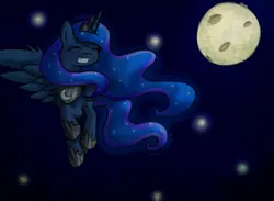 Size: 4508x3300 | Tagged: artist:avialexis25, derpibooru import, eyes closed, flying, full moon, grin, moon, night, princess luna, safe, smiling, solo, stars