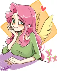 Size: 450x562 | Tagged: abstract background, artist:kairean, breasts, busty fluttershy, cute, cutie mark, derpibooru import, eye clipping through hair, female, fluttershy, fluttershy's cutie mark, hand on cheek, heart, human, humanized, looking at you, safe, shyabetes, smiling, solo, weapons-grade cute, winged humanization