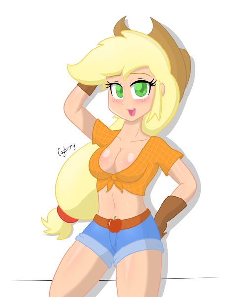 Size: 2001x2448 | Tagged: suggestive, artist:thebrokencog, derpibooru import, applejack, human, alpha female, apple, belly button, belt, blonde hair, blue bottomwear, blushing, breasts, brown belt, brown handwear, brown headwear, clothes, cowboy hat, cowgirl, daisy dukes, denim shorts, ecstasy, exposed belly, female, food, freckles, front knot midriff, gloves, green eyes, hand behind back, hand on hip, hat, heroine, human coloration, humanized, image, long hair, looking at you, medium breasts, metahuman, midriff, one arm down, one arm up, open smile, orange topwear, plaid shirt, png, posing for photo, shiny skin, shirt, shorts, simple background, smiling, smiling at you, solo, solo female, spreading, spread legs, standing, tomboy, watermark, white background