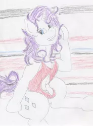 Size: 2294x3113 | Tagged: alternate hairstyle, artist:bigmacintosh2000, clothes, crotchboobs, crotch cleavage, derpibooru import, farrah fawcett, female, looking at you, messy mane, one-piece swimsuit, pinup, rarity, smiling, solo, solo female, suggestive, swimsuit, traditional art