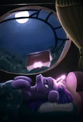 Size: 1352x1987 | Tagged: safe, artist:piercingsight, derpibooru import, twilight sparkle, twilight sparkle (alicorn), alicorn, pony, bed, book, female, magic, mare, moon, night, reading, solo, telekinesis, window