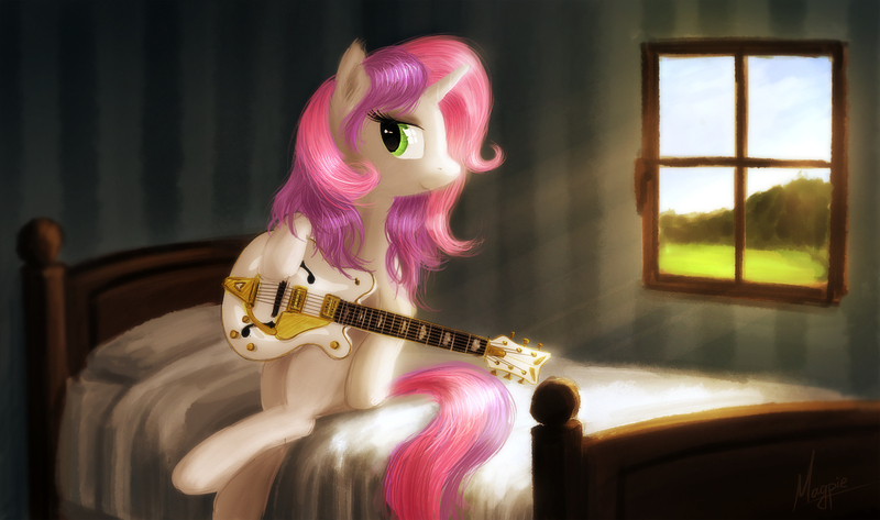 Size: 1236x731 | Tagged: artist:theflyingmagpie, guitar, safe, solo, sweetie belle