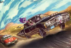 Size: 1270x856 | Tagged: safe, artist:jowybean, derpibooru import, rarity, twilight sparkle, twilight sparkle (alicorn), oc, oc:sketchy, anthro, car, car chase, ford, ford crown victoria, lincoln (car), lincoln continental, plushie, police car, weapon