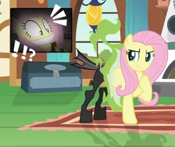 Size: 1024x862 | Tagged: safe, artist:radiantrealm, derpibooru import, fluttershy, changeling, bondage, captured, cloth gag, damsel in distress, femsub, fluttershy's cottage, fluttersub, gag, image, jpeg, locked away, replaced, show accurate, storage, submissive, tied up
