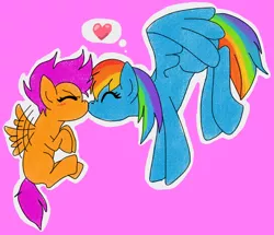 Size: 728x626 | Tagged: safe, artist:shinysylveon, derpibooru import, rainbow dash, scootaloo, blushing, boop, cute, heart, noseboop, nuzzling, scootaloo can fly, scootalove