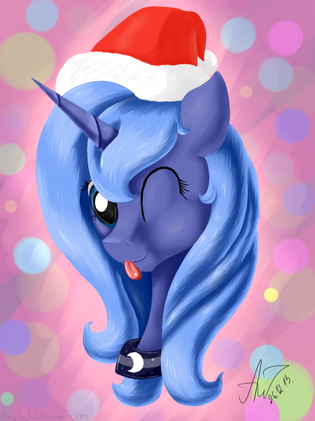 Size: 1200x1600 | Tagged: safe, artist:artyjoyful, derpibooru import, princess luna, hat, s1 luna, santa hat, solo, tongue out, wink