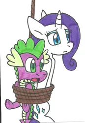 Size: 469x678 | Tagged: safe, artist:cmara, derpibooru import, rarity, spike, female, male, rope, shipping, sparity, straight, traditional art, who framed roger rabbit