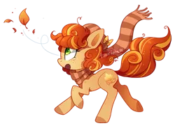 Size: 667x492 | Tagged: safe, artist:tsurime, derpibooru import, oc, oc:autumn aria, unofficial characters only, earth pony, pony, bow, clothes, female, freckles, hat, leaf, mare, running, scarf, simple background, solo, transparent background