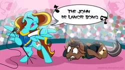 Size: 1280x720 | Tagged: safe, artist:stepandy, derpibooru import, oc, oc:ilovekimpossiblealot, unofficial characters only, pegasus, pony, blushing, female, john de lancie, mare, microphone, professor lancie