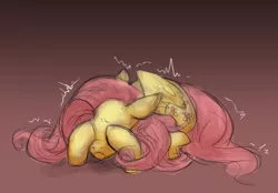 Size: 768x536 | Tagged: artist:syberfab, covering eyes, cowering, derpibooru import, fluttershy, lying, safe, scared, shivering, simple background, solo