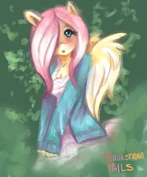 Size: 1000x1200 | Tagged: anthro, artist:rainbowsprinklesart, breasts, cleavage, clothes, derpibooru import, dress, equestrian tails, female, fluttershy, safe, solo, sweater, sweatershy, visual novel, weeping willow