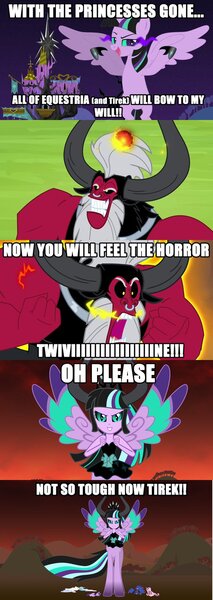 Size: 533x1499 | Tagged: safe, artist:dashiemlpfim, derpibooru import, lord tirek, princess cadance, princess celestia, princess luna, twilight sparkle, twilight sparkle (alicorn), oc, oc:twivine sparkle, alicorn, pony, everyone steals tirek's meme, exploitable meme, female, image macro, mare, meme, queen tirevine sparkle, queen twivine sparkle, role reversal, this isn't even my final form, tirek vs everyone meme, tirevine sparkle, twivine sparkle