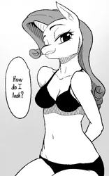 Size: 500x800 | Tagged: suggestive, artist:pashoo, deleted from derpibooru, derpibooru import, rarity, anthro, unicorn, bedroom eyes, belly button, breasts, clothes, female, looking at you, monochrome, swimsuit, underwear